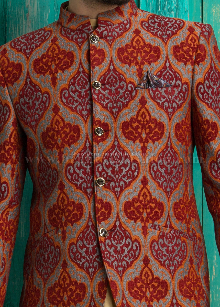 Orange Jute Printed Mens Jodhpuri Suit | Bennevis Fashion