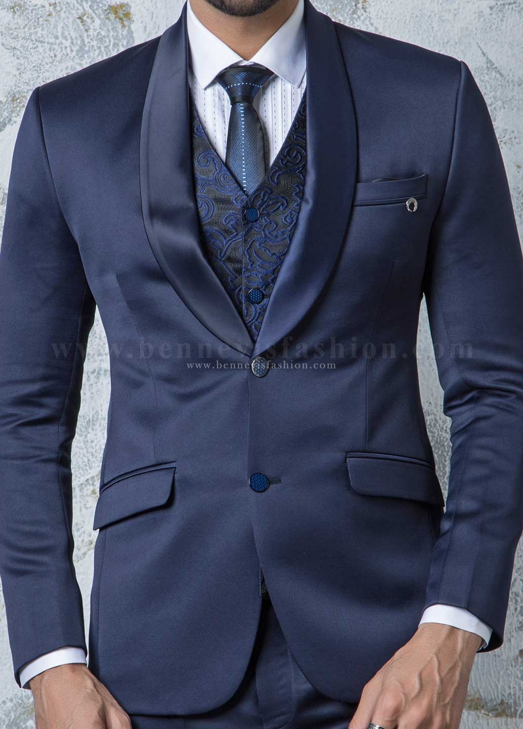 Navy Blue 3-piece With Elegant Print Formal Fashion Men