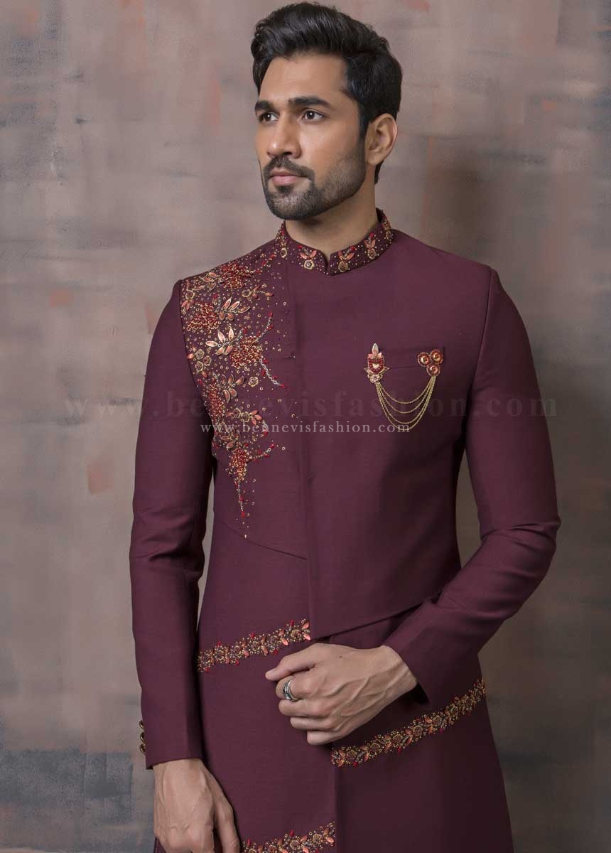 maroon wedding sherwani