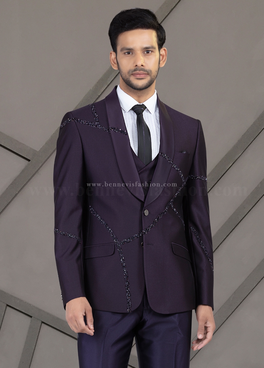 Purple Embroidered Wedding Suit For Men Bennevis Fashion