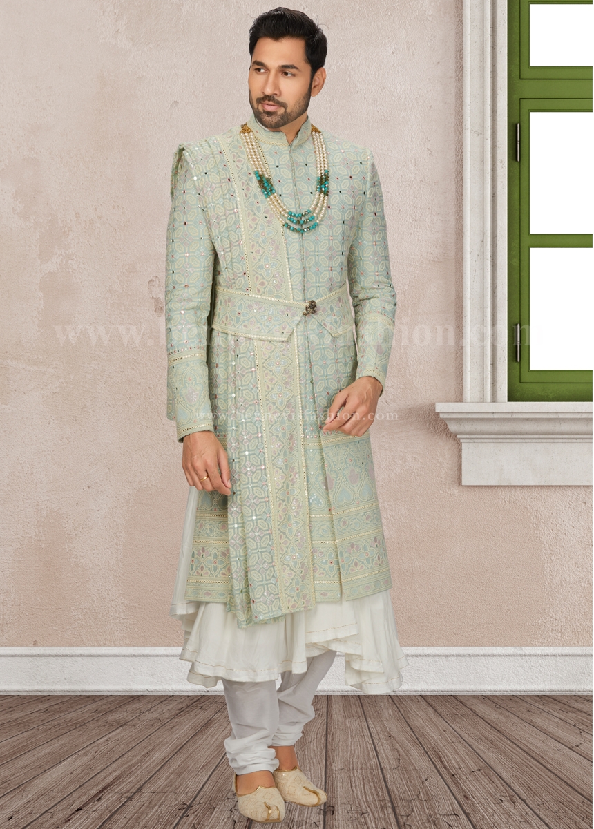 Embroidered Firozi Wedding Sherwani for Men | Bennevis Fashion
