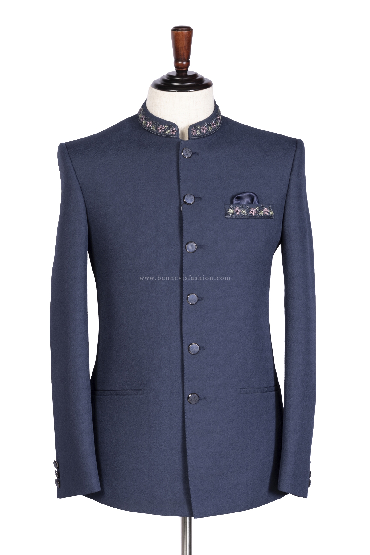 Matte Blue Jacquard Bandhgala Suit for Men | Bennevis Fashion