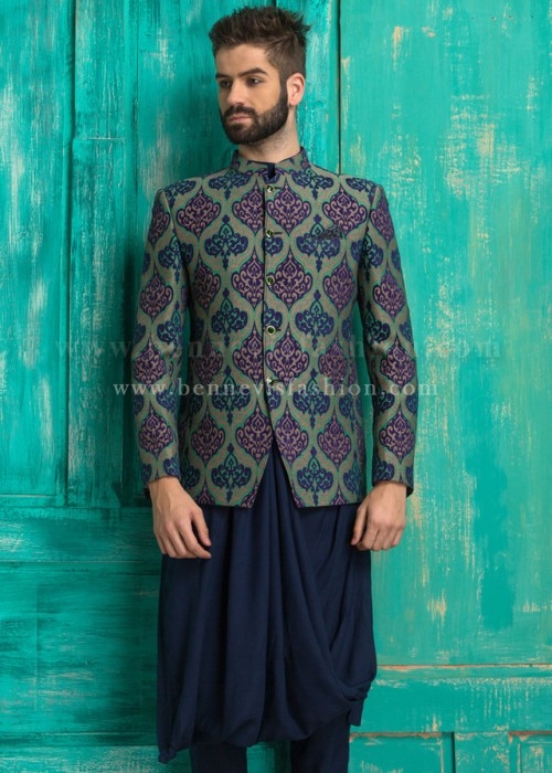 Blue Jute Printed Mens Jodhpuri Suit