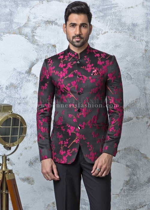 Black Jacquard Designer Jodhpuri Suit | Bennevis Fashion