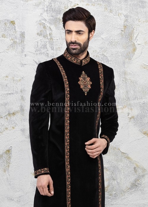 Bennevis Black Embroidered Men Sherwani | Bennevis Fashion