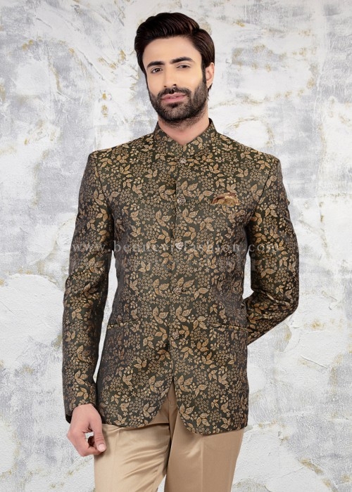 Jacquard Mens Jodhpuri Suit in Mehendi Green | Bennevis Fashion