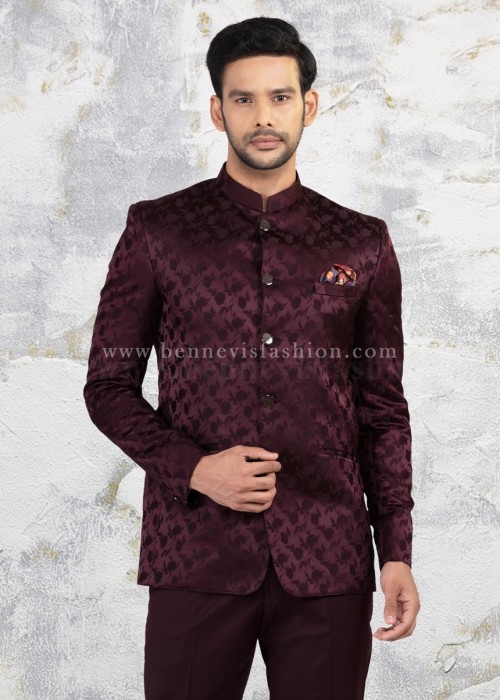 Wine Floral Jacquard Jodhpuri Suit for Men