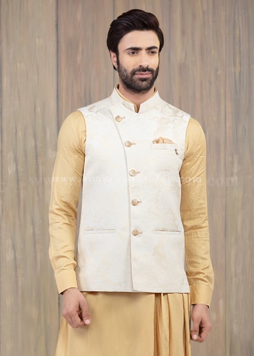 Shahjahan Fancy Men Kurta Pajama with Waistcoat - Chocolate Brown on Off White main image 0