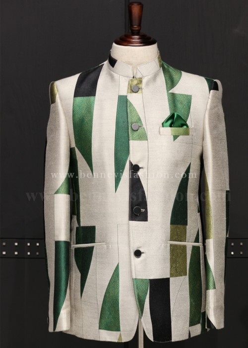 White Green Abstract Jodhpuri Suit For Men 