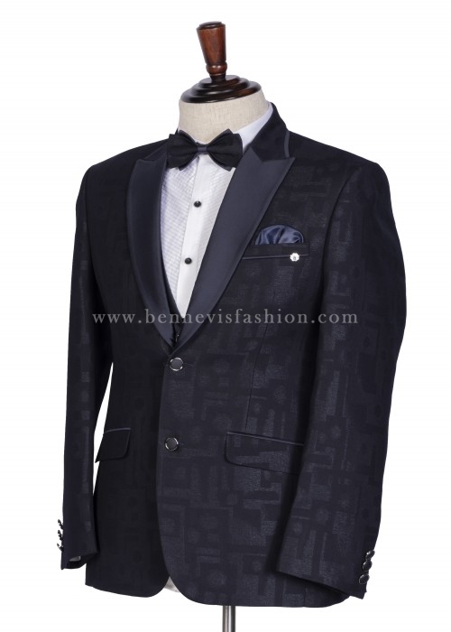 Navy Blue Three-Piece Jacquard Bespoke Tuxedo Online