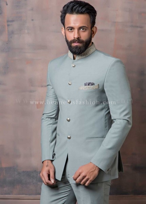 Mint Green Terry Rayon Mens Jodhpuri Suit	