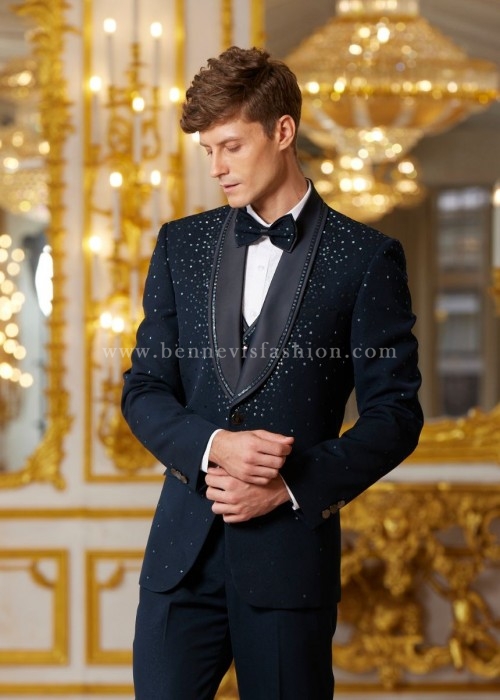 Teal self Embroidered Designer Tuxedo For Men