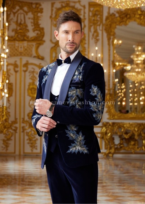 Velvet Navy Blue Embroidered Suit For Men