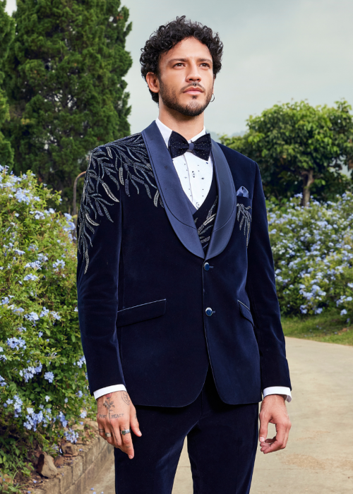 Blue Velvet Designer Embroidered Tuxedo for Men