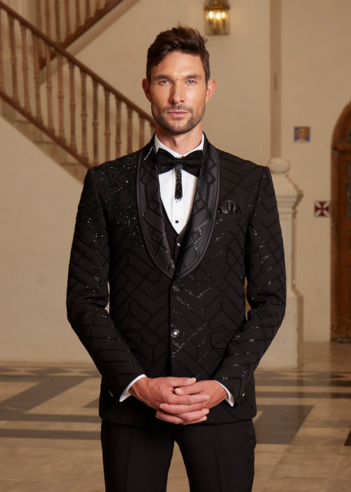 Embroidered Black Tuxedo Suit for Men