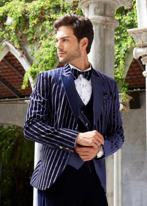 Bold Velvet Stripe Blue Tuxedo For Men