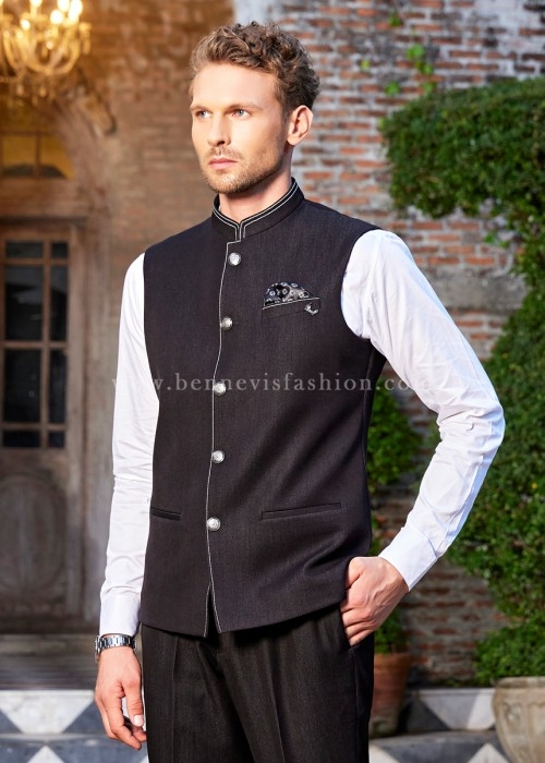 Saddle Stitch Black Waistcoat for Men