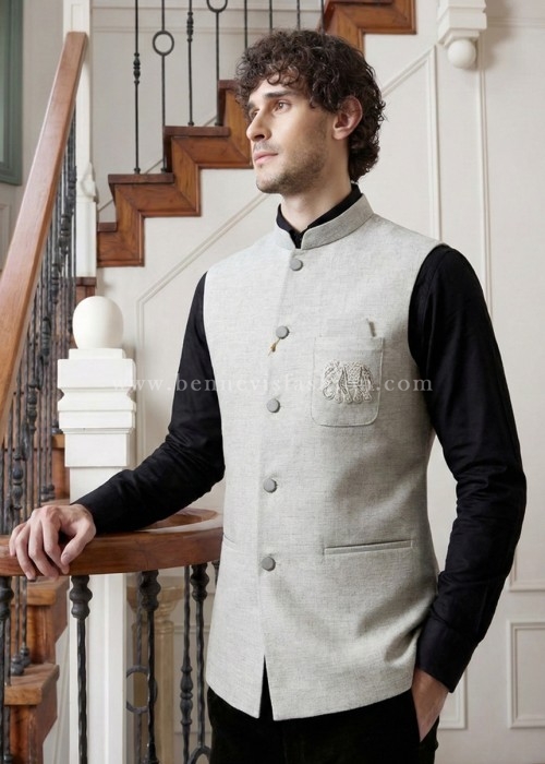 Silver Contemporary Embroidered Nehru Waistcoat for Men