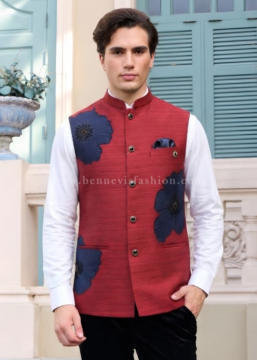 Red Royale Floral Embroidered Waistcoat for Men