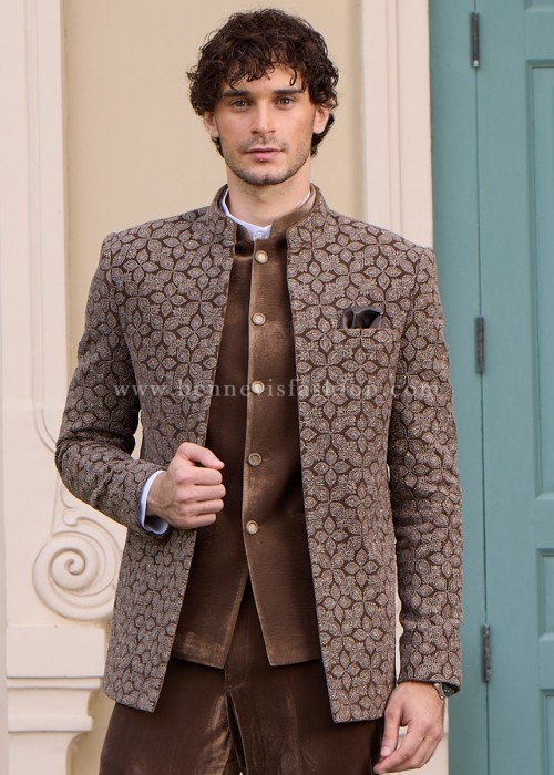 Brown Velvet Floral Embroidered Jodhpuri For Men