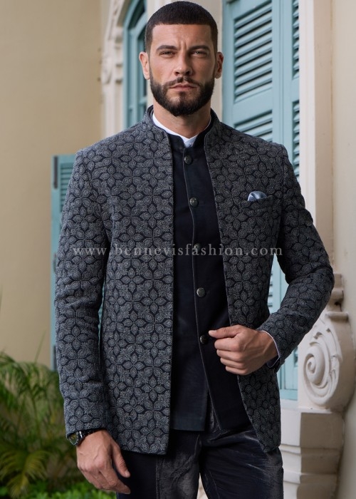 Grey Velvet Floral Embroidered Jodhpuri For Men