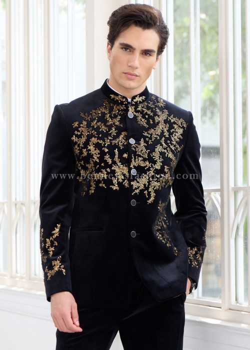 Black Velvet Gold Sequin Embroidered Jodhpuri  For Men