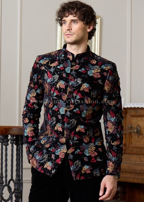 Black Velvet Multi Floral Embroidered Jodhpuri Suit For Men
