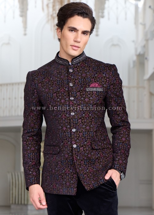 Royal Black Intricate Floral Embroidered Bandhgala For Men