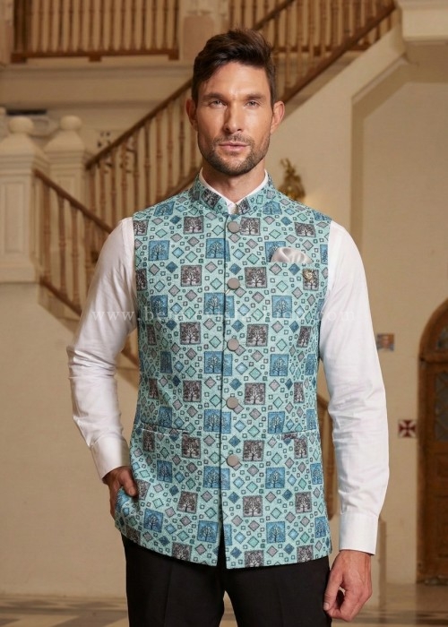 Aqua Mosaic Printed Nehru Jacket for Men