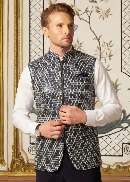 Blue Jacquard Zipper Designer Waistcoat for Men [Bomber Jacket]