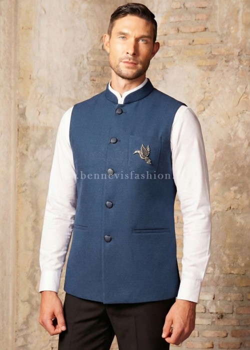 Midnight Blue Embroidered Nehru Waistcoat for Men