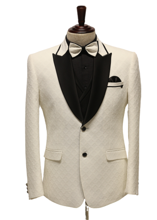 White Textured Jacquard Designer Tuxedo Suit for Men