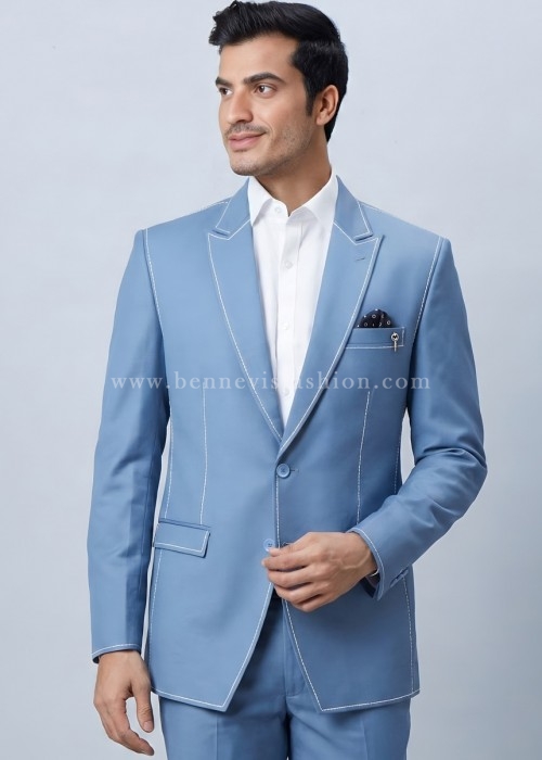 Sky Blue Saddle Stitch Blazer for Men
