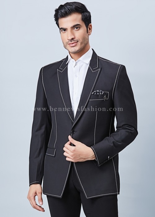 Black Saddle Stitch Blazer for Men