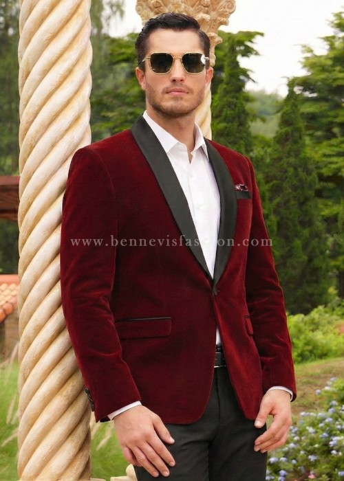 Wine Velvet Tuxedo Blazer for Men