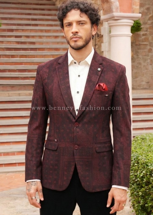 Wine Red Corduroy-Textured Paisley-Print Blazer for Men