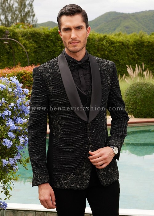 Cosmic Black Futuristic Embroidered Tuxedo Suit for Men