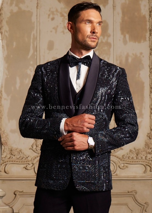 Designer Embroidered Blue Tuxedo Suit for Men