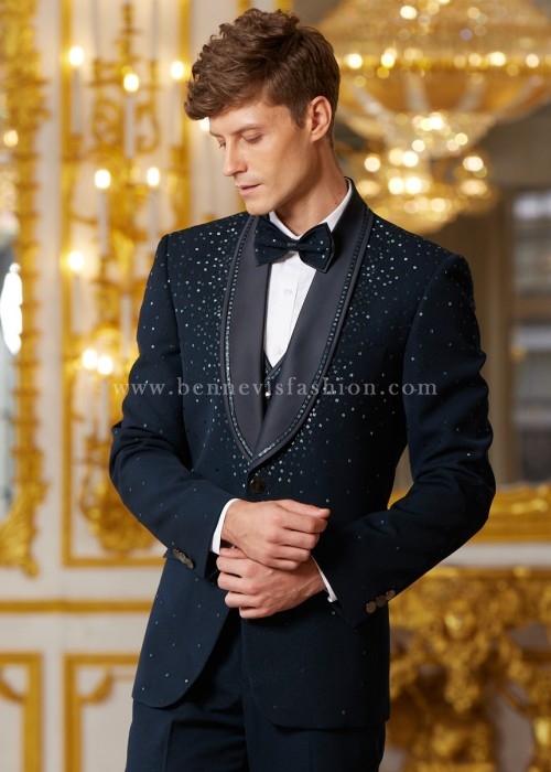 Teal self Embroidered Designer Tuxedo For Men