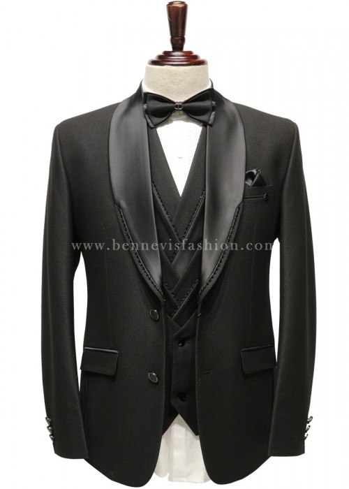 Black Embellished Shawl Lapel Multi Layer Tuxedo Suit for Men