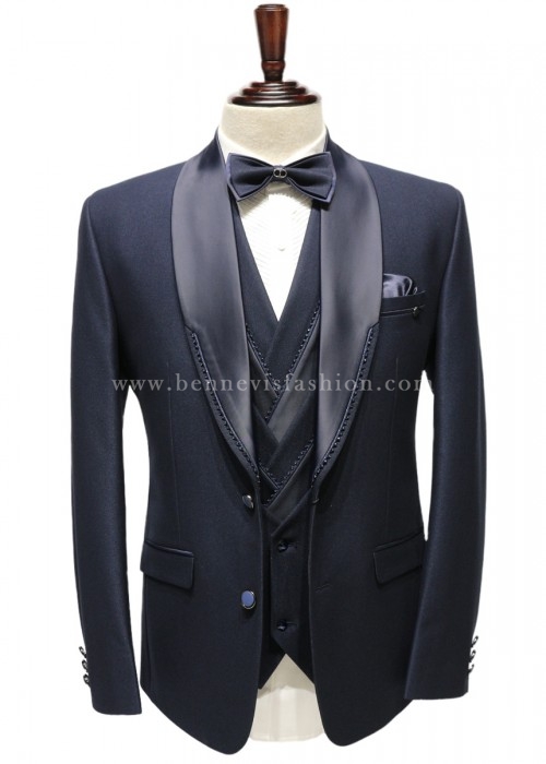Blue Embellished Shawl Lapel  Multi layer Tuxedo Suit for Men