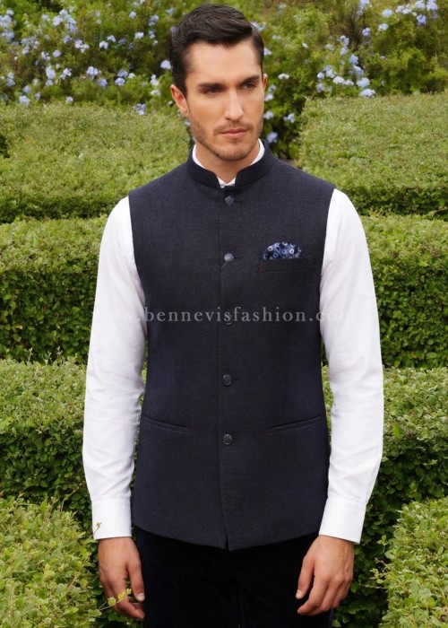Blue Classic Jute Bandhgala Waistcoat for Men
