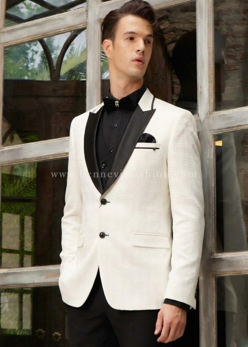 White Jacquard Refined Weave Tuxedo Suit for Men