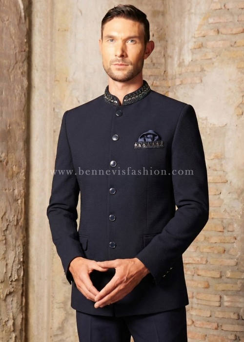Midnight Blue Textured Embellished Jodhpuri Suit for Men