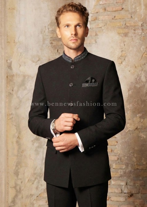 Jet Black Shimmer Textured Embellished Jodhpuri Suit for Men