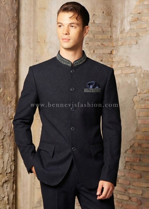Blue Shimmer-Textured Embellished Jodhpuri Suit for Men