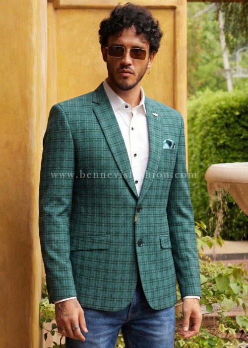 Dark Green Textured-Weave Grid-Pattern Blazer for Men