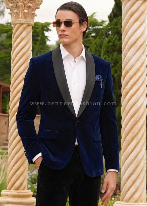 Navy Blue Velvet Tuxedo Blazer for Men