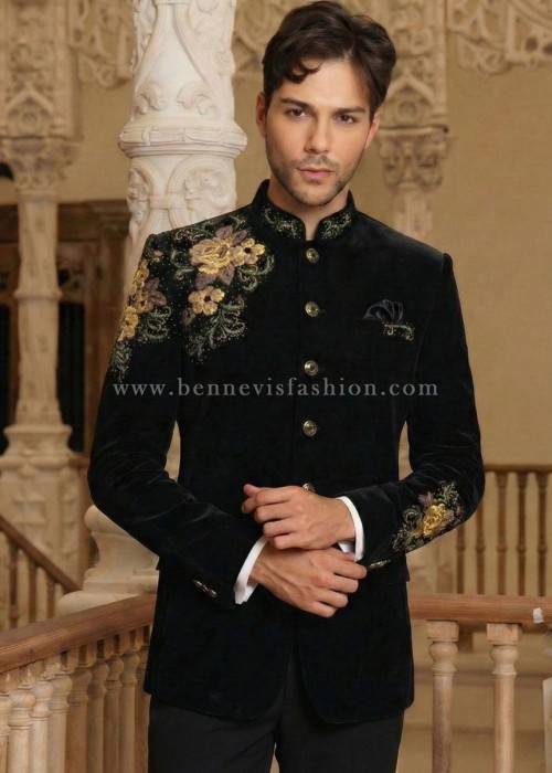 Inky Black Velvet Floral Embroidered Jodhpuri for Men