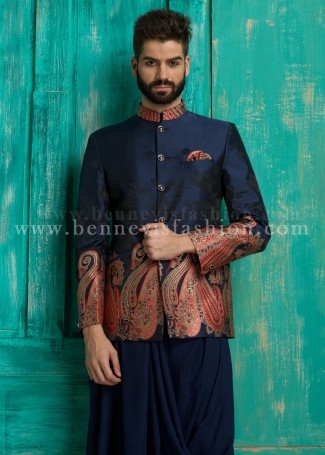 Blue Terry Rayon Printed Mens Jodhpuri Suit